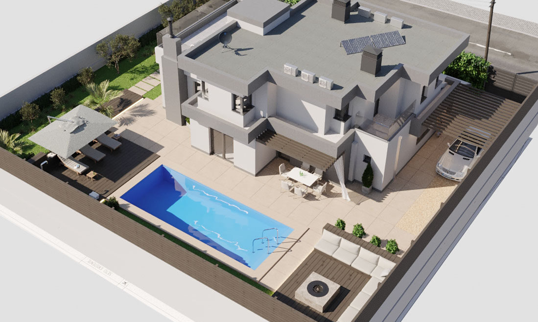 Дизайн-проект фасадов частного дома и ландшафта с бассейном вид сверху
