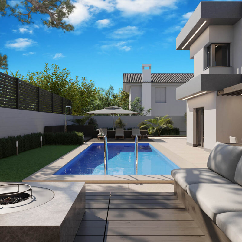 Дизайн-проект фасадов дома и ландшафта с бассейном и чилаутом
